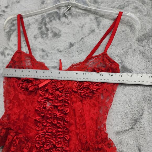 Vintage 80s Teddy Womens L Red Satin Ribbon Lace Ruffled Teddy Bodysuit Garters - Picture 7 of 10
